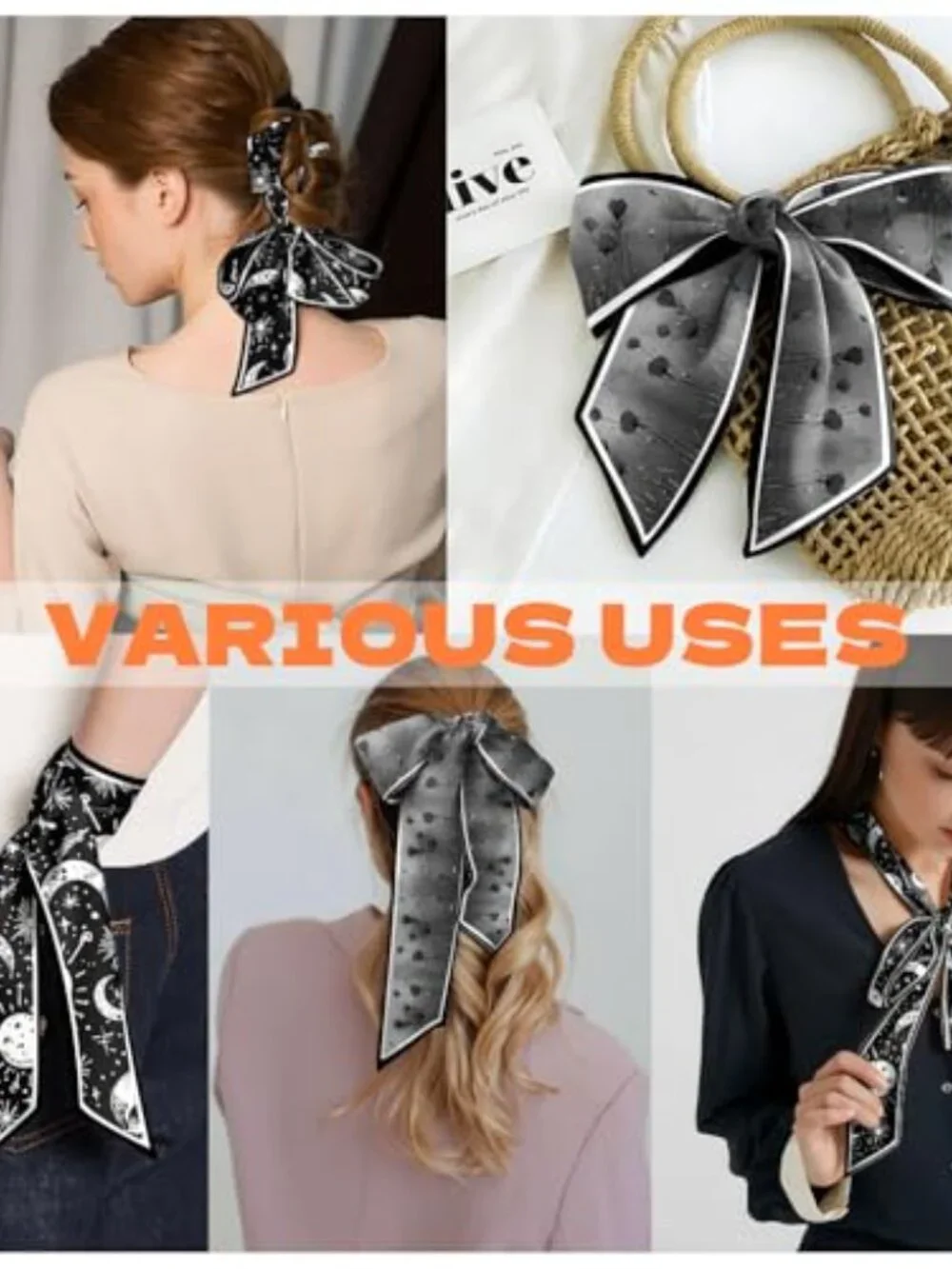 2 Pcs Satin Hair Scarf Silk Feeling Long Neck Tie Headband Handbag Decoration
